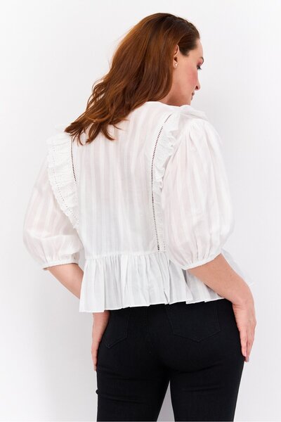 Scotch & Soda Women V Neck Puffed Sleeve Textured Top, White