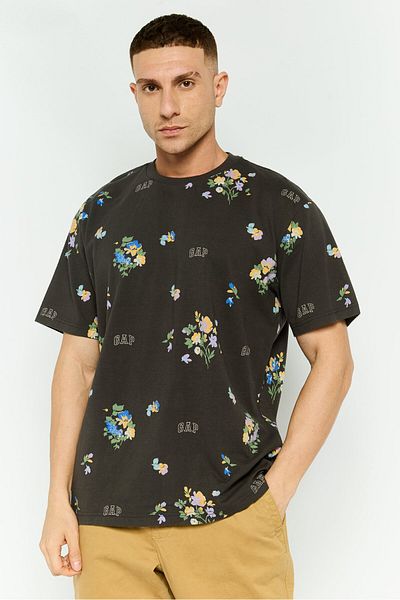 GAP Men Crew Neck Floral Print Short Sleeves T-shirt, Dark Grey