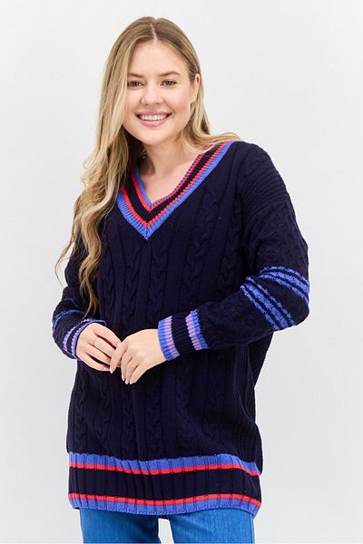 Esprit Women V Neck Long Sleeves Textured Sweater, Navy Combo