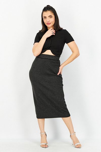 Esprit Women Knitted Pull On Midi Skirt, Charcoal