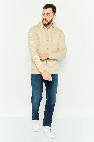 GAZZARRİNİ Men Hooded Graphic Long Sleeve Sweatshirt, Beige
