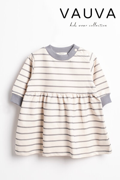 Vauva Kız Bebek Çocuk Baskılı Elbise Uzun Kollu Mevsimlik Çizgili Elbise