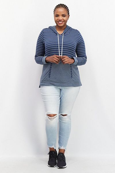 Market And Spruce Women Drawstring Stripe Long Sleeve Hooded Sweatshirt, Navy