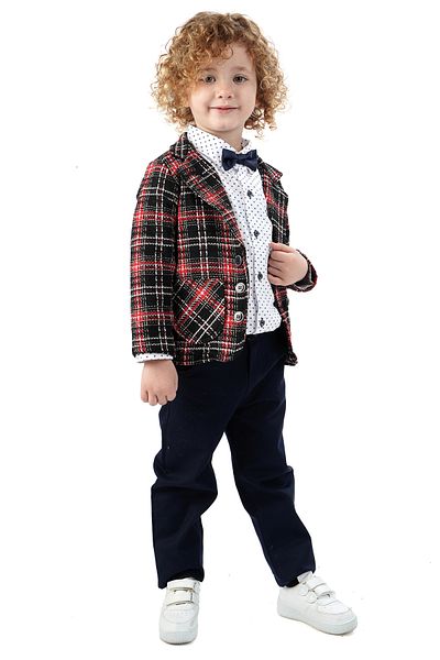 Monttini Boy's 4-Piece Suit Plaid Jacket, White Shirt, Bow Tie and Pants