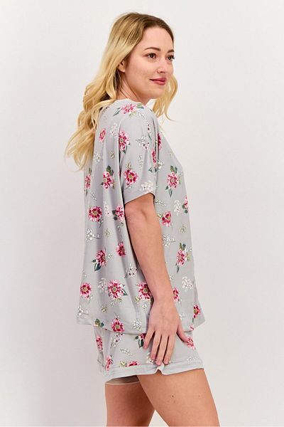 Anne Klein Women 2 Pieces Short Sleeve Floral Print Top And Short Set, Grey Combo