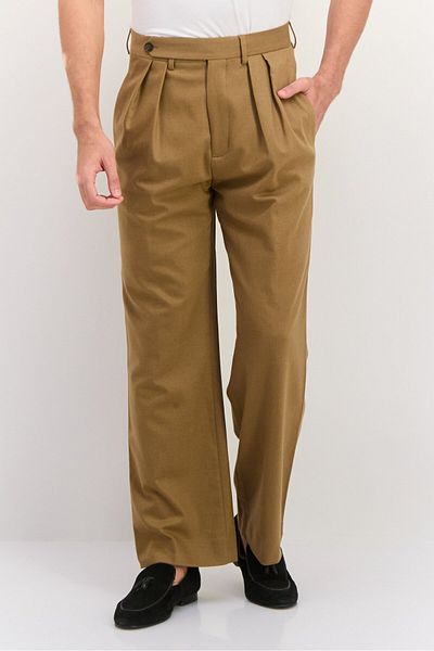 Gant Men Regular Fit Plain Wide Leg Flannel Suit Pants, Warm Khaki