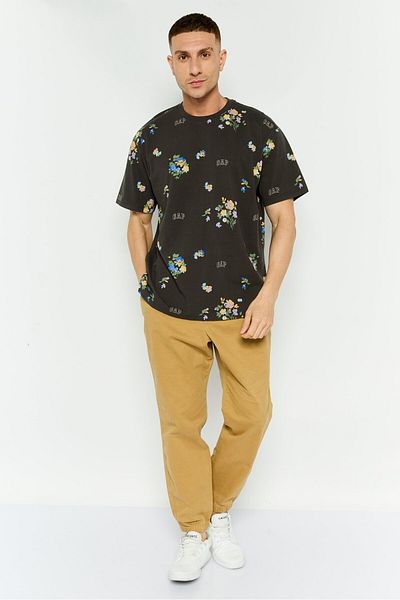 GAP Men Crew Neck Floral Print Short Sleeves T-shirt, Dark Grey