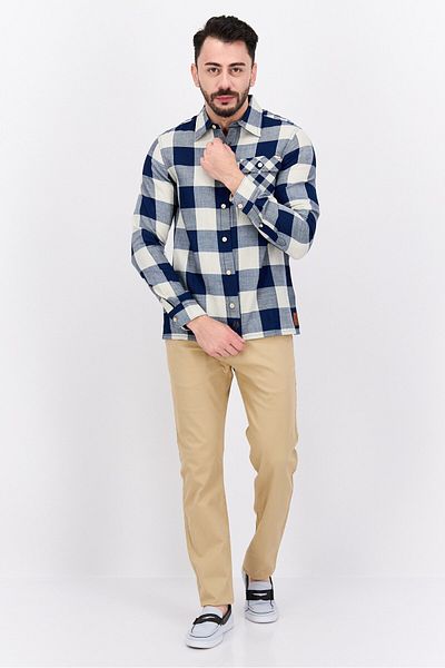 Scotch & Soda Men Regular Fit Long Sleeve Checkered Casual Shirt, Navy