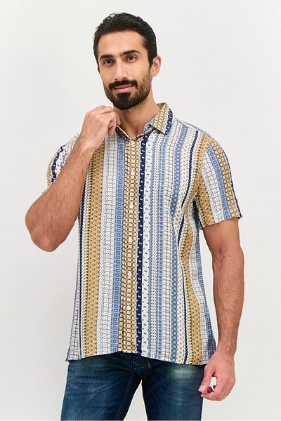 Perry Ellis Men Regular Fit Allover Print Short Sleeves Casual Shirt, Off White Combo