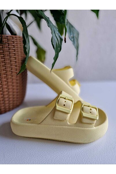 AkınalBella Yellow Double Buckle Lightweight Children's Slippers - Beach, Sea, Pool Casual Design