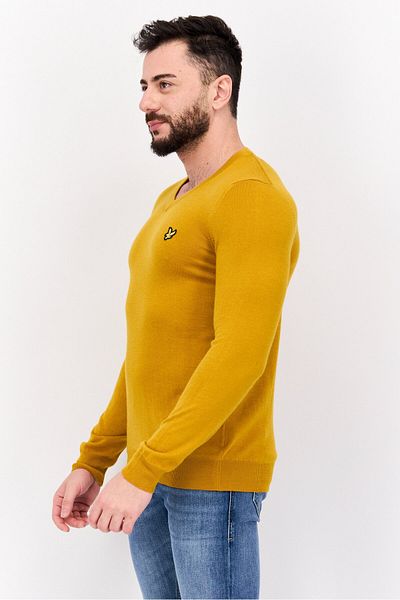 Lyle & Scott Men V Neck Embroidered Logo Long Sleeve Sweater, Yellow