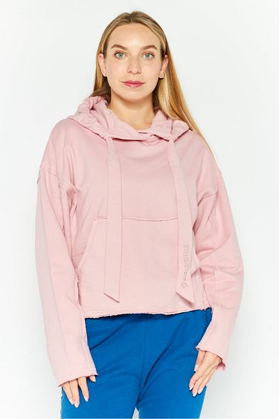 Tribe of 6 Women Hooded Embroidered Logo Long Sleeve Sweatshirt, Pink