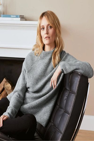 Tchibo Women Mock Collar Long Sleeves Knit Sweater, Grey