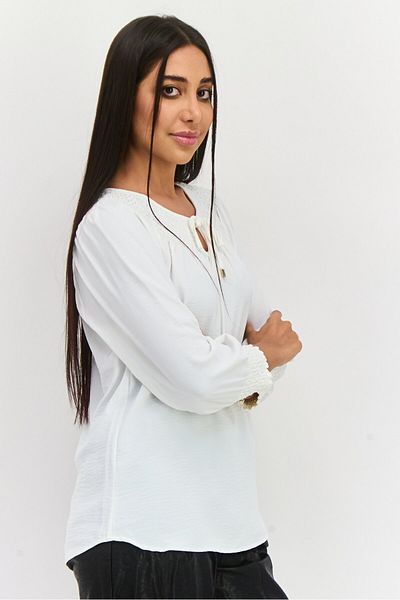 Calvin Klein Women Tie Neck Long Sleeves Textured Blouse, Off-white
