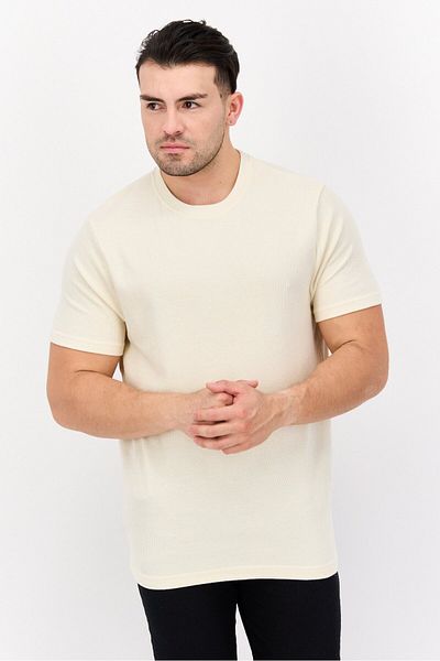 Denim & Flower x Ricky Singh Men Crew Neck Short Sleeves Textured T-Shirt, Cream