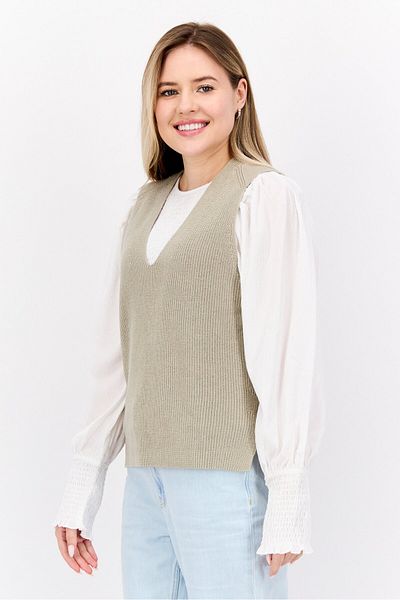Esprit Women V Neck Sleeveless Textured Sweater Vest, Grey