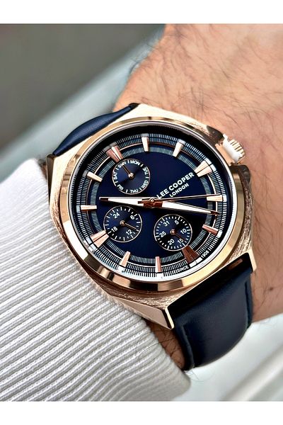 Lee Cooper Functional Navy-Copper Color Leather Band Men's Wrist Watch 7568.499