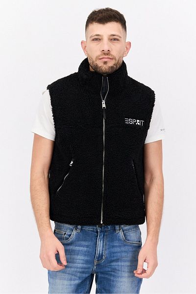Esprit Men Embroidered Logo Faux Fur Vest Jackets, Black