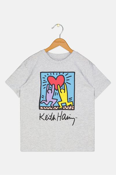 Keith Haring Kids Girl Round Neck Short Sleeve Top, Grey