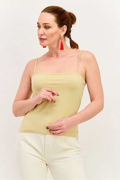Envii Women Square Neck Sleeveless Plain Cami Top, Khaki Beige