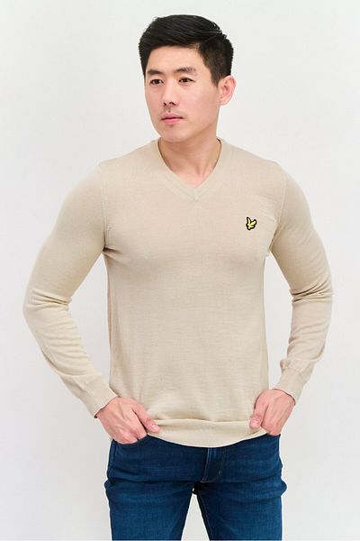 Lyle & Scott Men V-neck Embroidered Logo Sweater, Taupe