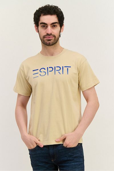 Esprit تي شيرت رجالي بشعار العلامة التجارية بأكمام قصيرة ورقبة دائرية، بيج
