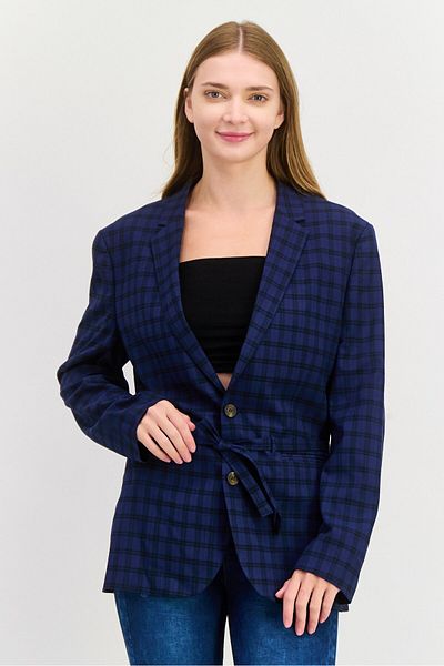 Asos Design Women Skinny Fit Plaid Belted Blazer, Navy