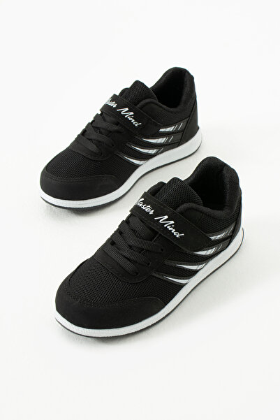 WEBORN Çocuk Bağcıklı Siyah Beyaz Tek Cırtlı Esnek Hafif Nefes Alabilen Rahat Fileli Sneaker Spor Ayakkabı