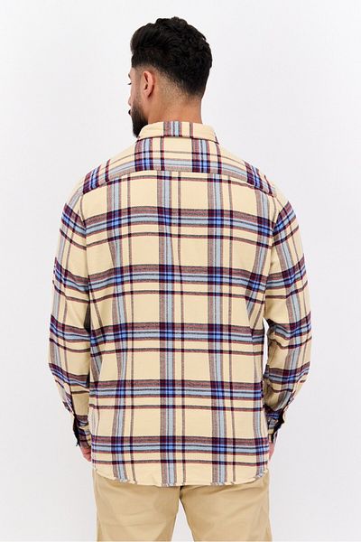 Scotch & Soda Men Regular Fit Checkered Long Sleeves Casual Shirt, Beige