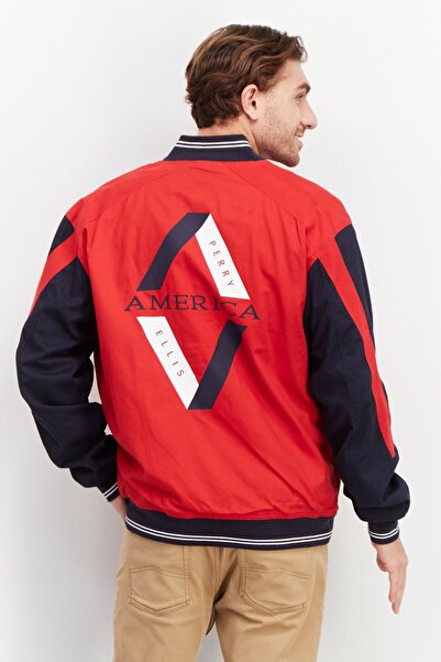 Perry Ellis Men High Neck Plain Bomber Jacket, Red