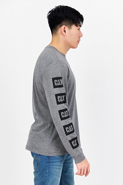 Cat Men Crew Neck Long Sleeve Graphic Print T-Shirts, Grey