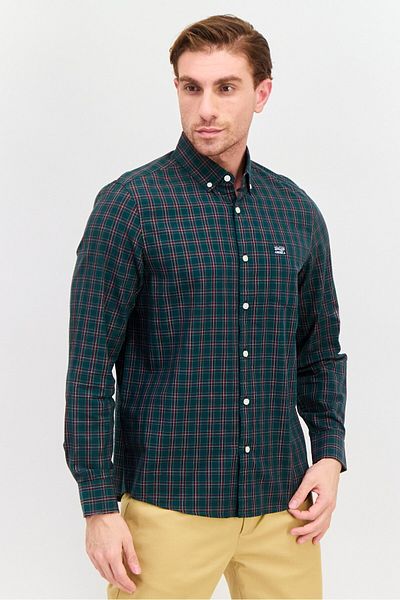 Perry Ellis Men Regular Fit Long Sleeves Plaid Casual Shirt, Green Combo