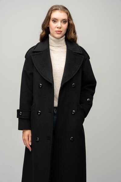 Olcay Černý oversize kabát s dvojitým řadem - nízký rukáv a detail nárameníky 3062