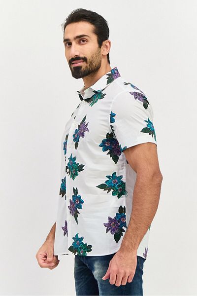 Perry Ellis Men Stretch Fit Short Sleeves Allover Printed Casual Shirt, White Combo