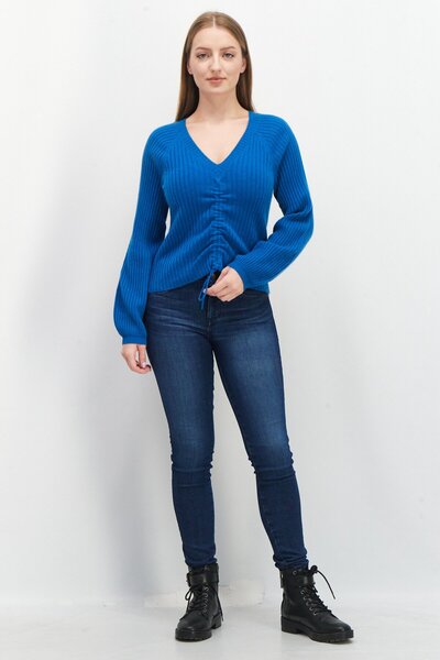 Aqua Women V-Neck Drawstring Long Sleeve Ribbed Sweater, Teal