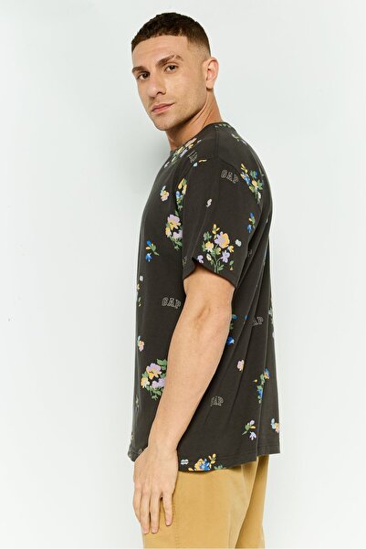GAP Men Crew Neck Floral Print Short Sleeves T-shirt, Dark Grey