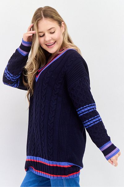 Esprit Women V Neck Long Sleeves Textured Sweater, Navy Combo