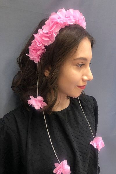 Hayalperest boncuk Women's Henna Leisure Crown Pink Metal Chain Laser Floral Crown