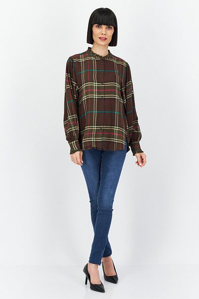 Tommy Hilfiger بلوزة نسائية منقوشة بأكمام طويلة وياقة مكشكشة، متعددة الألوان