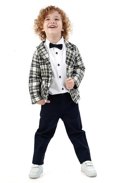 Monttini Boy's 4-Piece Suit Plaid Jacket, White Shirt, Bow Tie and Pants