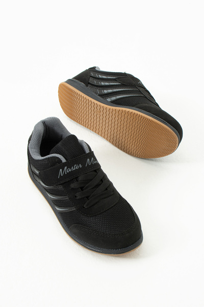 WEBORN Çocuk Bağcıklı Siyah Füme Tek Cırtlı Esnek Hafif Nefes Alabilen Rahat Fileli Sneaker Spor Ayakkabı