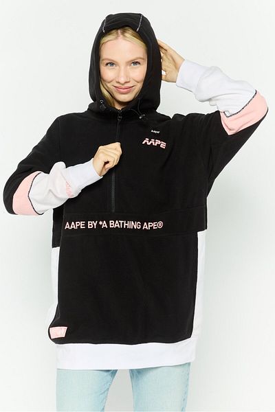 Aape By A Bathing Ape Women Hooded Embroidered Logo Long Sleeve Fleece Sweatshirt, Black Combo