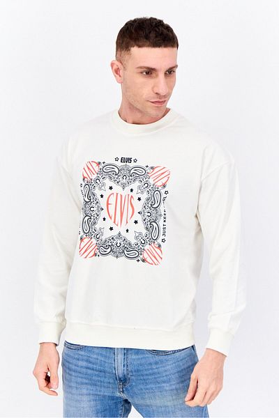 Elvis Men Crew Neck Graphic Printed Long Sleeves Sweatshirt, Off White