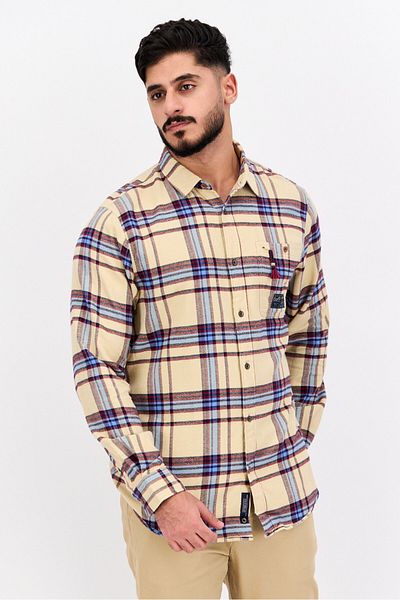 Scotch & Soda Men Regular Fit Checkered Long Sleeves Casual Shirt, Beige