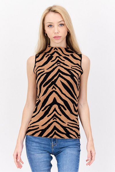Carmen Marc Valvo Women Mock Neck Sleeveless Animal Pattern Top, Tan