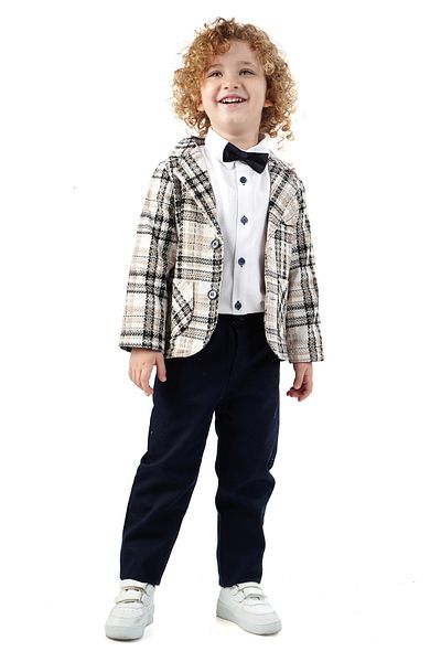 Monttini Boy's 4-Piece Suit Plaid Jacket, White Shirt, Bow Tie and Pants