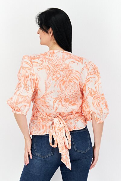 Tommy Hilfiger Women Surplice Neck Elbow Sleeves Allover Printed Blouse, Orange Combo