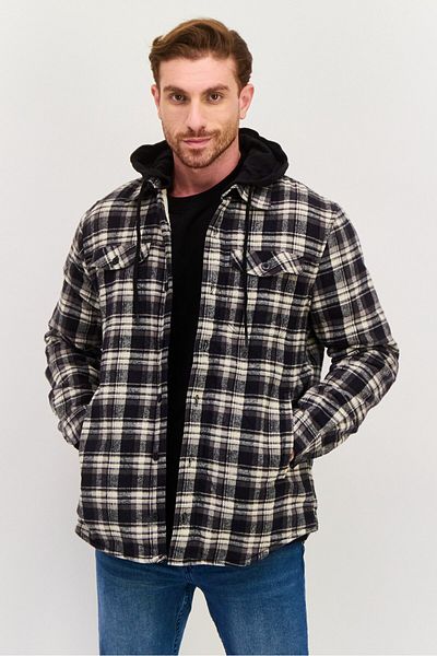 Rainforest Men Hooded Plaid Jacket Shirt, Black