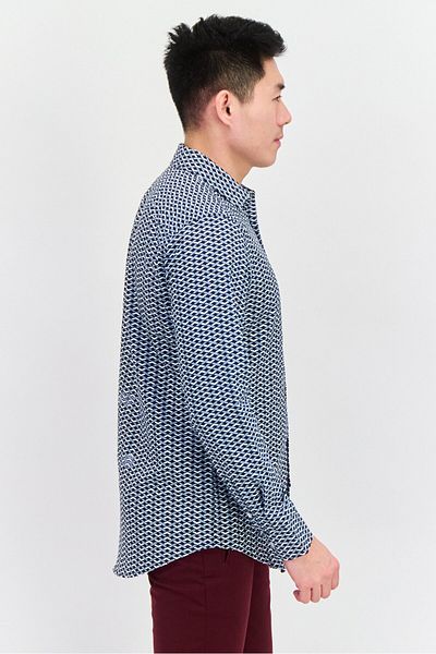 Perry Ellis Men Stretch Fit Allover Print Long Sleeves Casual Shirt, Navy