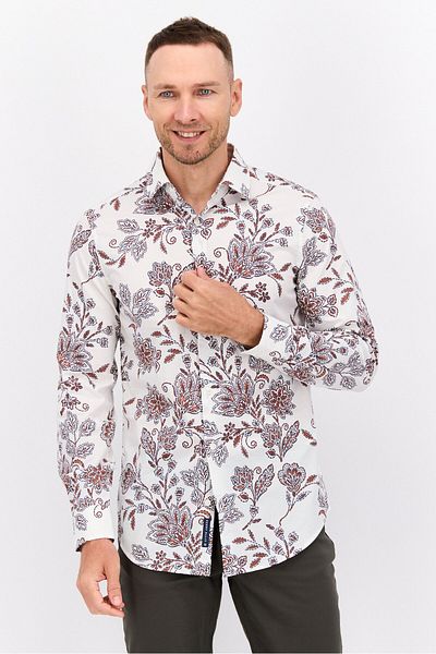 Perry Ellis قميص رجالي كاجوال بقصّة Slim Fit وطبعة زهور وأكمام طويلة، لون بيج